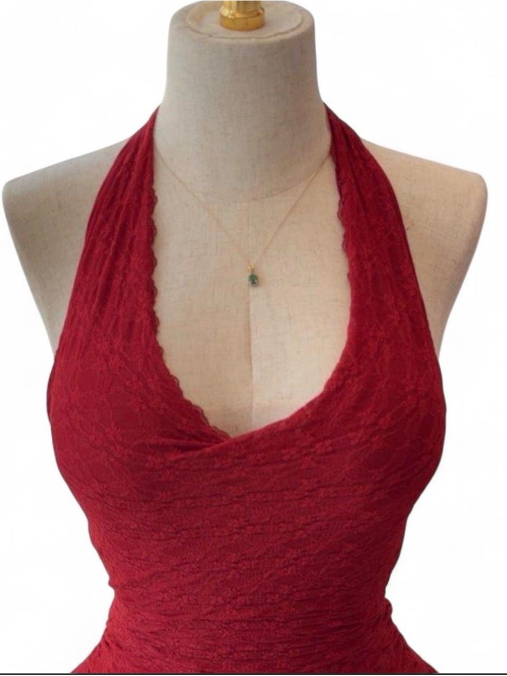 Red Lace Halter Mini Dress with Ruffle Hem - Picture 4 of 7